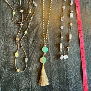 Lot of 3 fashion genuine pearl and stone necklaces, 60", 40" and  34"